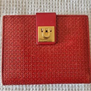 Salvatore Ferragamo Red Leather Wallet with Gancini Gold Clasp and Box, Dust Bag
